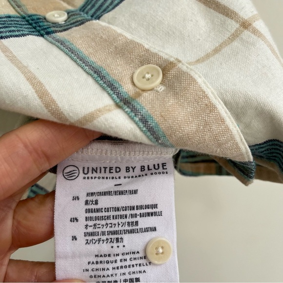 United by Blue Landmark Button Down Shirt Hemp Organic Cotton Blue Tan Plaid SM - Picture 9 of 9
